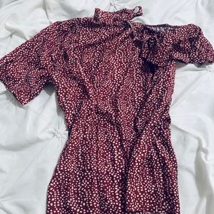 new burgundy white dotted off the shoulder blouse